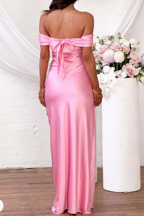 Pink Off The Shoulder Satin Long Prom Evening Dress Y8093