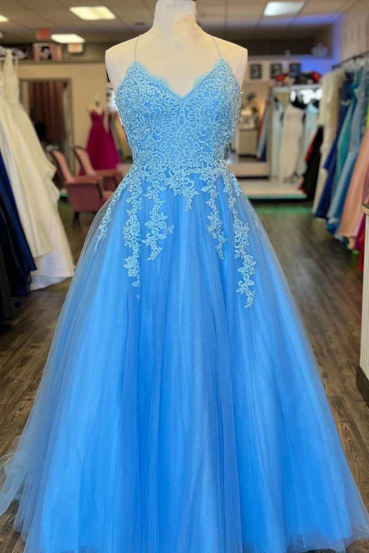 Blue Tulle Appliques Lace-Up Back A-Line Prom Dress Y6584