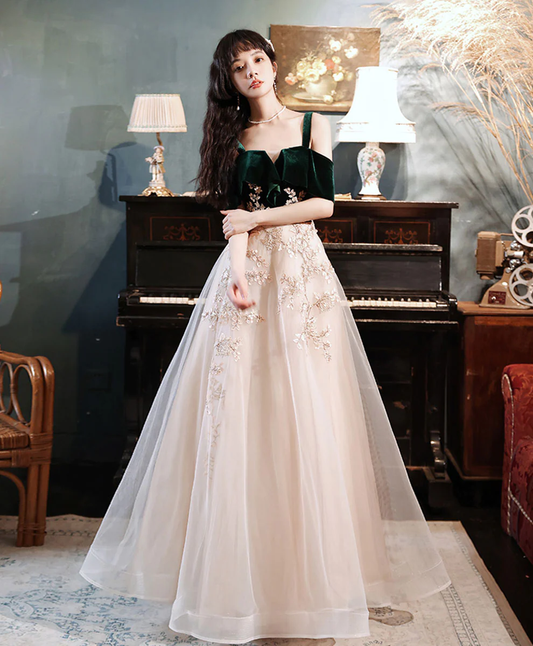 A-line Green Tulle Lace Long Prom Dress, Green Formal Evening Dress Y1928