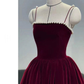 Burgundy Beaded Velvet Prom Dress Spaghetti Strap Mid Long Evening Dress Y4631