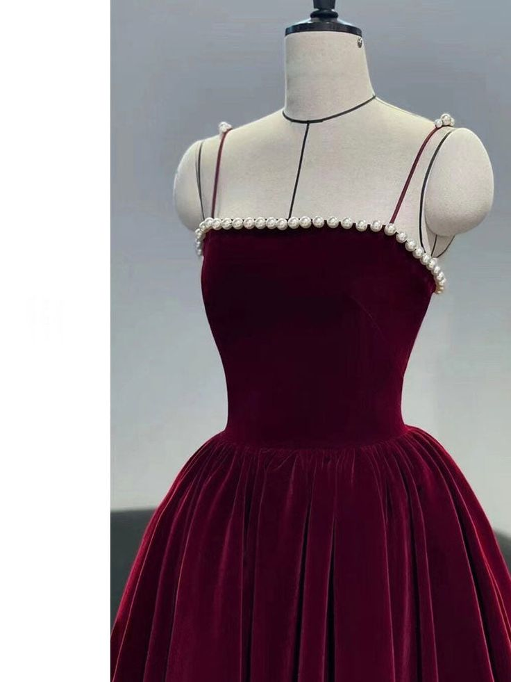Burgundy Beaded Velvet Prom Dress Spaghetti Strap Mid Long Evening Dress Y4631