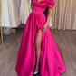 Stylish A-Line Off the Shoulder Satin Long Prom Dress,Hor Pink Pleats Evening Dress With Slit  Y7644