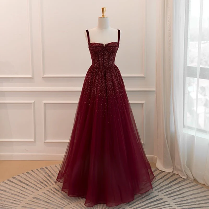 Gothic Burgundy Spaghetti Straps Sequins Beaded Formal Prom Dress Tulle Party Evening Dress Y7586