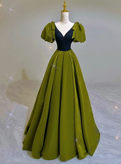 Sexy Green Satin V Neck Puff Sleeves Prom Dress Brithday Ball Gown Party Dress Y7600