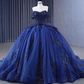 Luxurious Off The Shoulder Sequins Beaded Tulle Ball Gown Navy Blue Birthday Prom Dress Y7681