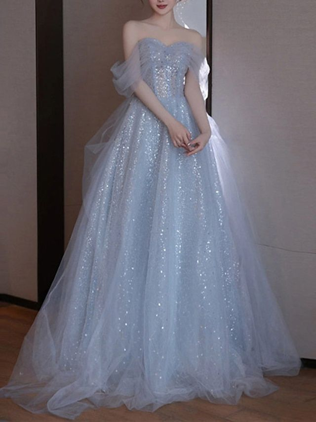 A-Line Evening Dress Elegant Off Shoulder Tulle Sequins Prom Dress Wedding Dress Y7626