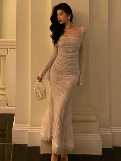 Vintage Mermaid Lace Prom Dress Elegant Apricot Square Collar Evening Party Gown Y7572