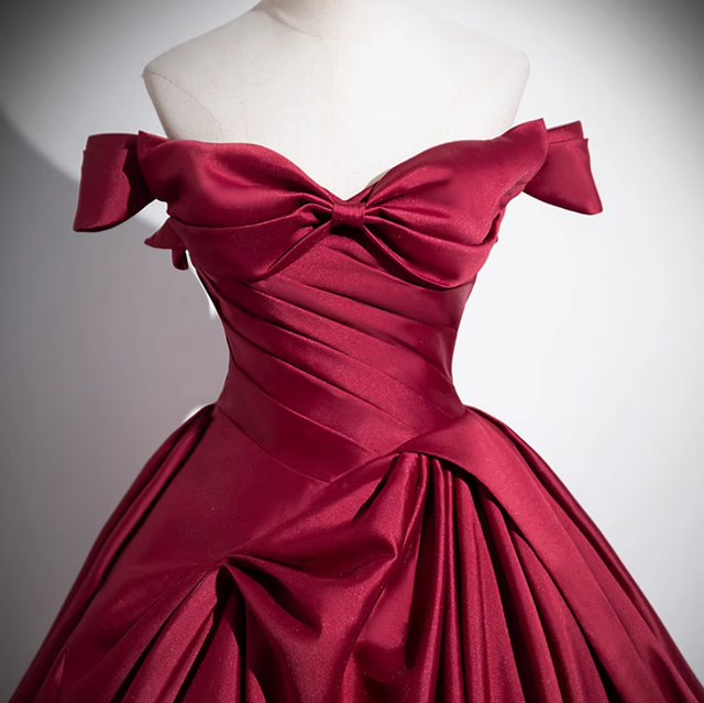 Fashion Burgundy Satin Pleats Prom Dress A Line Elegant Ball Gown Y7661