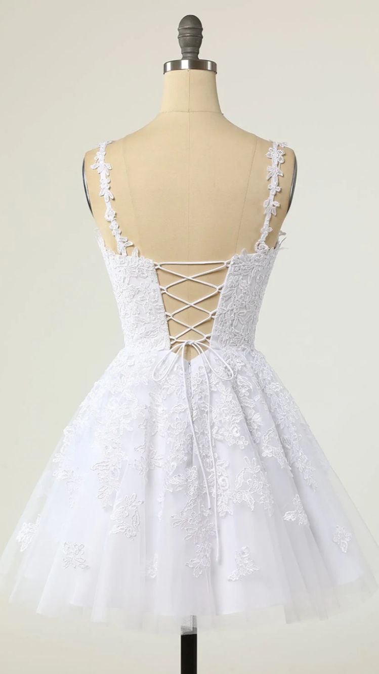 V Neck White Lace Short Homecoming Dresses, White Lace Formal Graduation Dresses  Y1873