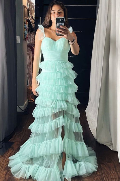 Mint Green Tiered Ruffle Long Prom Dress Y2975
