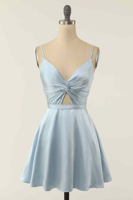 A-line V Neck Twist Knot Cut-Out Pleated Mini Homecoming Dress Y1866