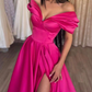 Stylish A-Line Off the Shoulder Satin Long Prom Dress,Hor Pink Pleats Evening Dress With Slit  Y7644