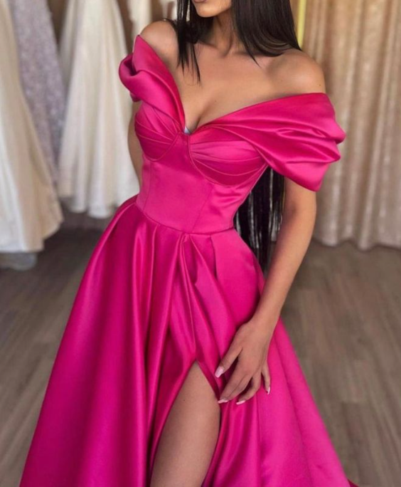 Stylish A-Line Off the Shoulder Satin Long Prom Dress,Hor Pink Pleats Evening Dress With Slit  Y7644