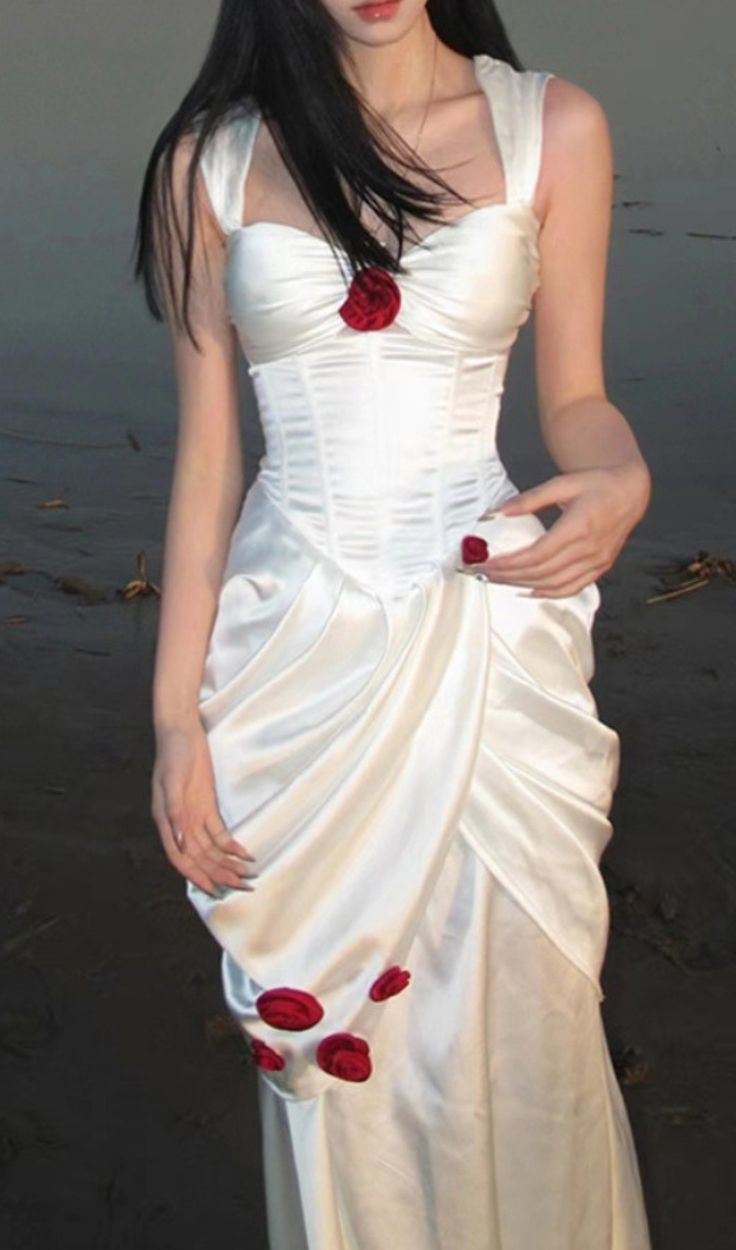 Elegant White Satin Flowers Evening Dress Long Prom Dress Wedding Dress Y7461