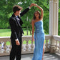 Glitter Blue Sequins Prom Dress,Blue Spaghetti Straps Graduation Dress Y1839