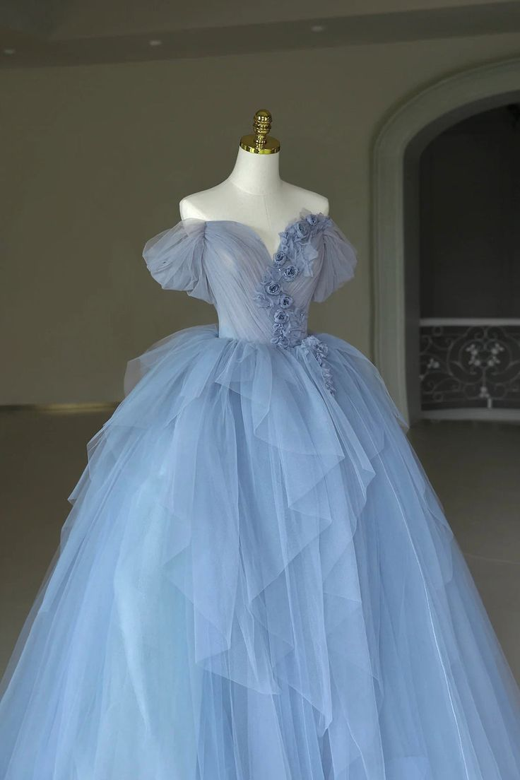 Fairy Tulle Appliques Prom Dress Blue Ball Gown Birthday Dress Y7682