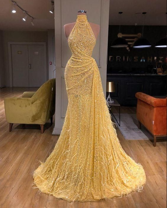 Sparkly Yellow High Neck Sleeveless Sequins Evening Dress Mermaid Prom Party Dress Y7712