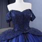 Luxurious Off The Shoulder Sequins Beaded Tulle Ball Gown Navy Blue Birthday Prom Dress Y7681