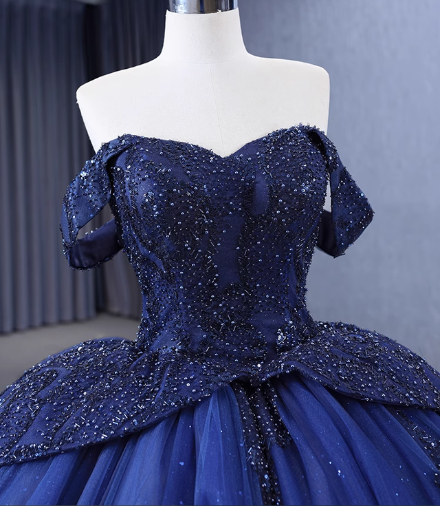 Luxurious Off The Shoulder Sequins Beaded Tulle Ball Gown Navy Blue Birthday Prom Dress Y7681