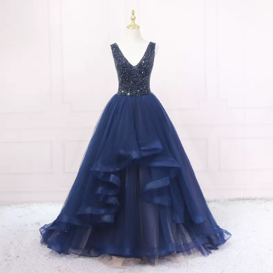 Fashion V Neck Blue Prom Dress A-line Prom Dress s10