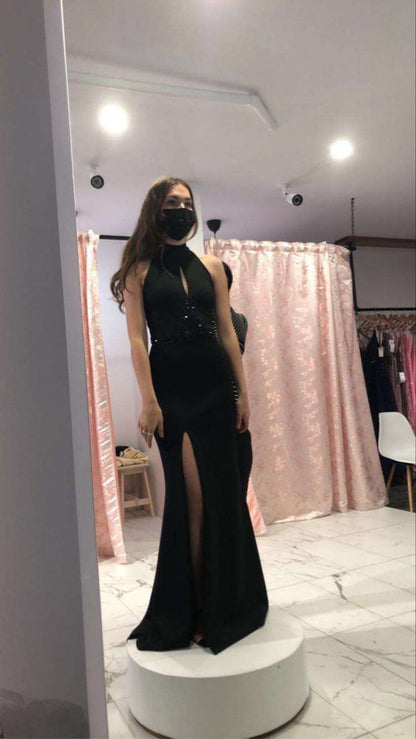 Black Halter Neckline Long Prom Dress Elegant Evening Dress Side Split Y416