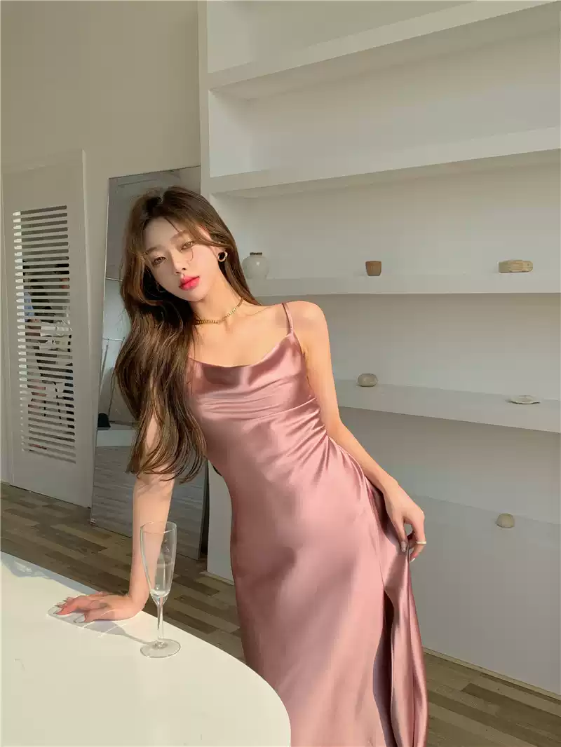Elegant Spaghetti Strap Silk Side Slit Midi Semi Formal Dress,Sexy Slim Evening Dress For Women Y1197