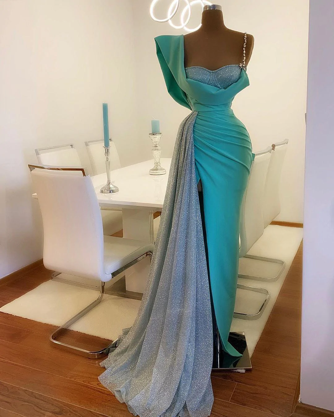 Blue Mermaid Prom Dresses With High Side Split Glitter Satin Real Image Sweep Train robe de soirée de mariage Evening Dress Y57