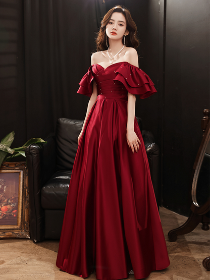 Dark Red Satin New Style Off Shoulder Long Prom Dress, A-line Long Formal Dress Y1427
