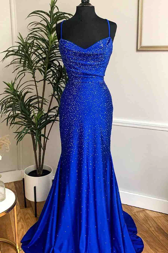 Royal Blue Beaded Cowl Neck Mermaid Long Prom Dress Y1000