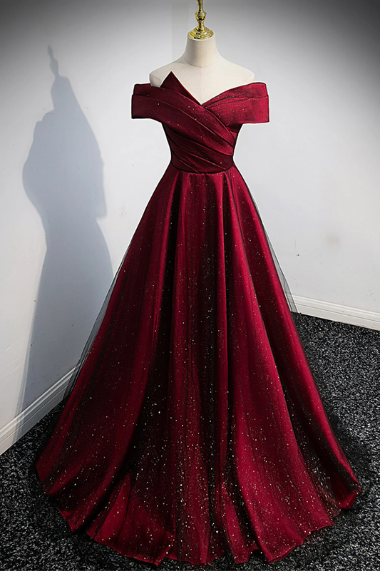 Burgundy Off the Shoulder Prom Dress, A-Line Evening Party Dress Y1665