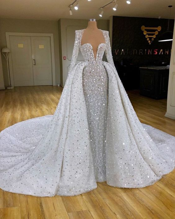 Sexy Sweetheart Plus Size Mermaid Wedding Dresses With Trains Beaded Sequin Long Sleeve Bridal Gowns New Arrival Prom Dress Y51