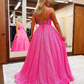 Hot Pink V Neck Sequins Long Prom Dresses Y1489