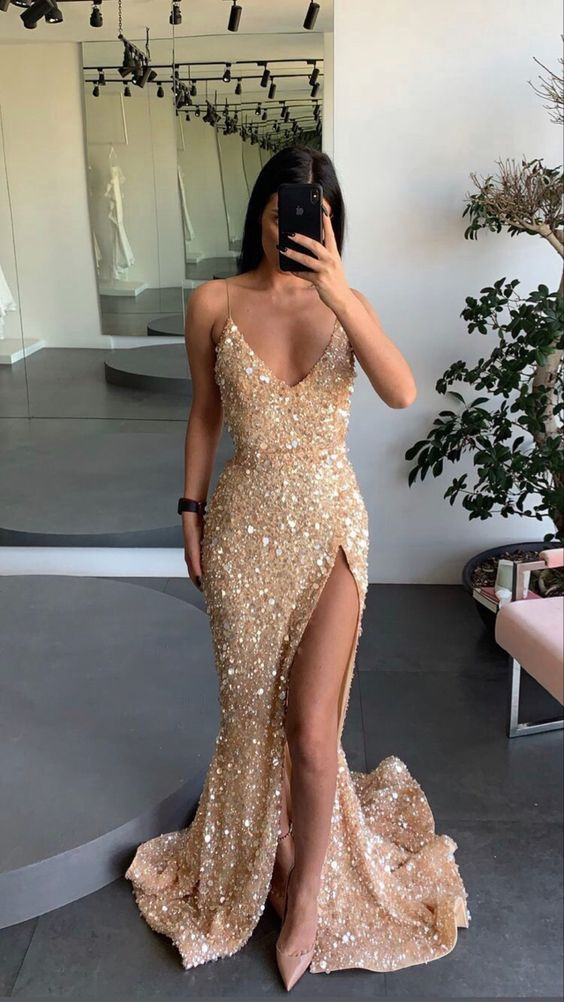 Gold engagement dress spaghetti straps prom dress leg split sequins evening dress Y71