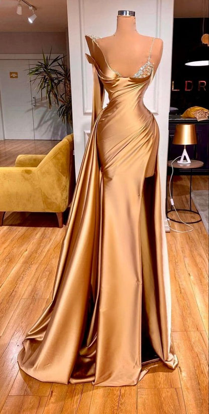 Womens Satin Mermaid Evening Dress Gold Crystal One Shoulder Prom Dress Custom Made Y63