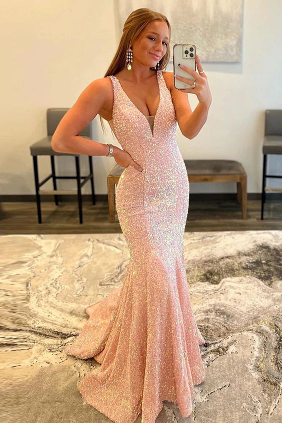 Pink Deep V Neck Mermaid Prom Dress Y331