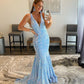 Stunning Mermaid V Neck Light Blue Sequins Prom Dress Y346