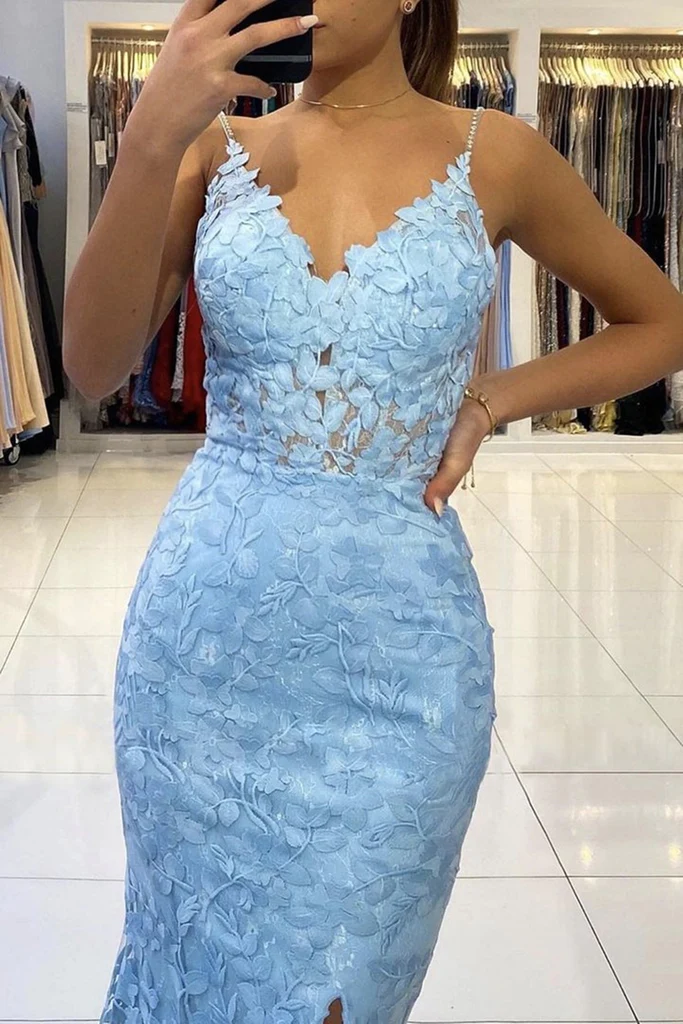 Mermaid V Neck Backless Blue Lace Long Prom Dress, Mermaid Blue Lace Formal Dress, Blue Lace Evening Dress Y333