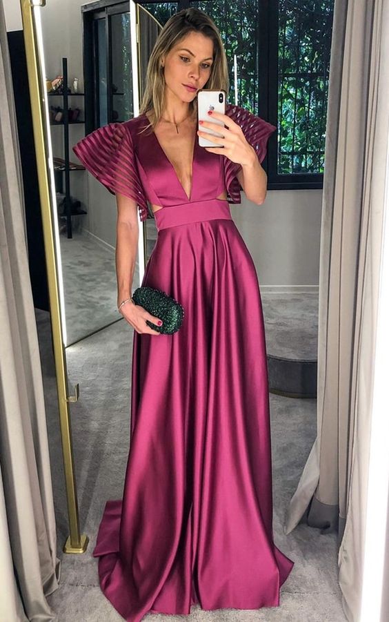 Deep V Neck Satin Long Prom Dress With Trumpet Sleeve,Elegant Prom Gown Y718