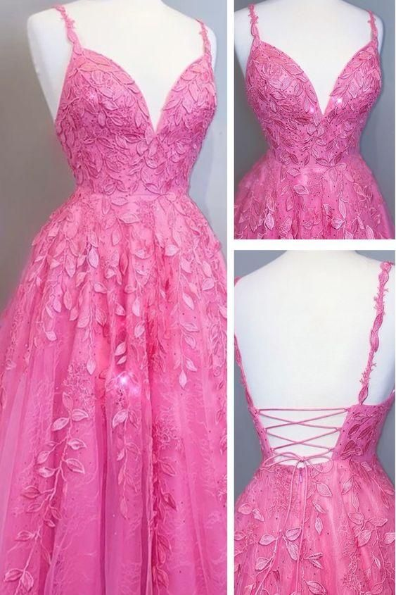 A-line bright pink lace appliqued long prom dress with lace up back Y58