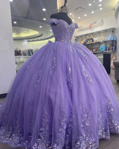Off The Shoulder Lilac Corset Quinceanera Dress Ball Gown,Appliques Lace Birthday Dress  Y789