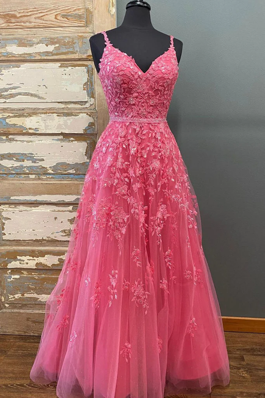 A Line V Neck Beaded Hot Pink Lace Long Prom Dress, Hot Pink Lace Formal Graduation Evening Dress  Y216
