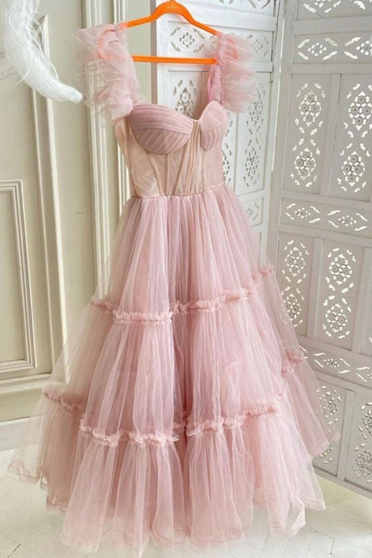 Ruffled Sleeves Tulle Prom Dress, Tiered Ruffled A-line Skirt, Bridesmaid Party Dress, Graduation Dress Y1246