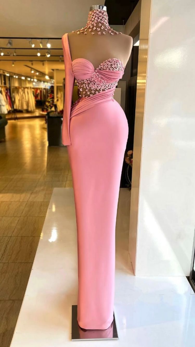 Pink Mermaid Prom Dress One Sleeve Prom Dress Y73