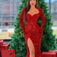 Long Sleeves Red Sequin Prom Dresses, Sexy Side Slit Mermaid Prom Dresses Y09
