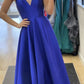 A-line V Neck Royal Blue Satin Evening Dress Graduation Dress Y433