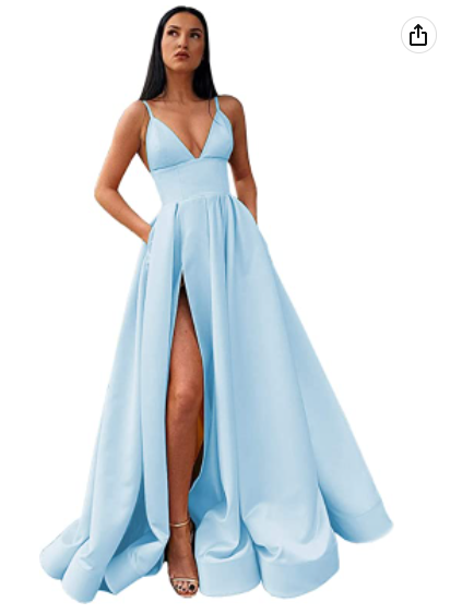 V-Neck Slit Satin Long Prom Dress Spaghetti Strap Evening Ball Gown with Pockets S14431
