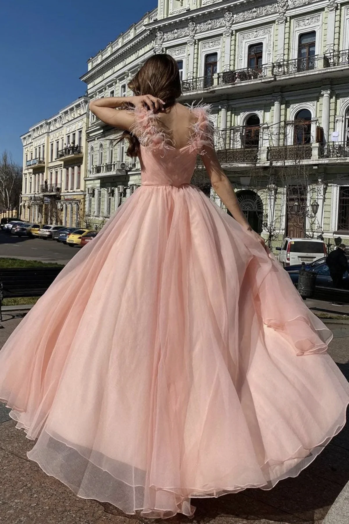 Elegant V Neck Pink Tulle Long Prom Dresses with High Slit, Pink Tulle Formal Graduation Evening Dresses Y1296