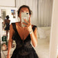 A-line V Neck Black Lace Homecoming Dress Sleeveless Party Dress Y418