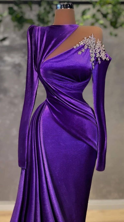Glamorous Purple Velvet Evening Dress With Long Sleeves,Classy Purple Velvet Evening Gown Y729