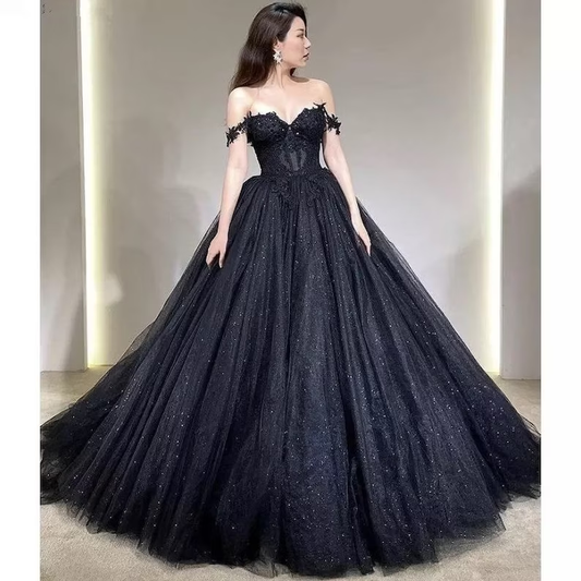 Lace Applique Tulle Dress, Black Glitter Wedding Dress, 3D Flowers Long Evening Dress Y1625